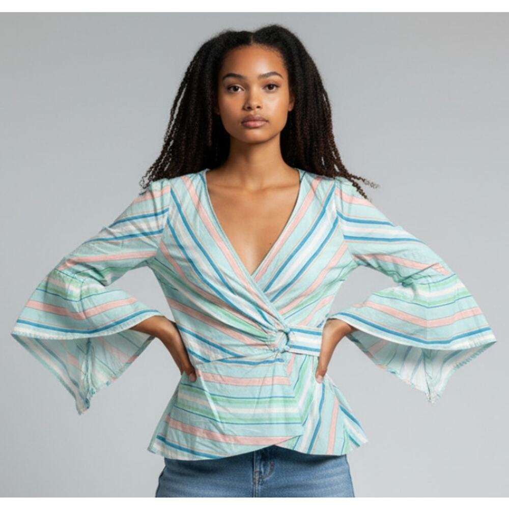 Peter Pilotto Mint Stripe Wrap Blouse with Fluted Sleeves Size Medium